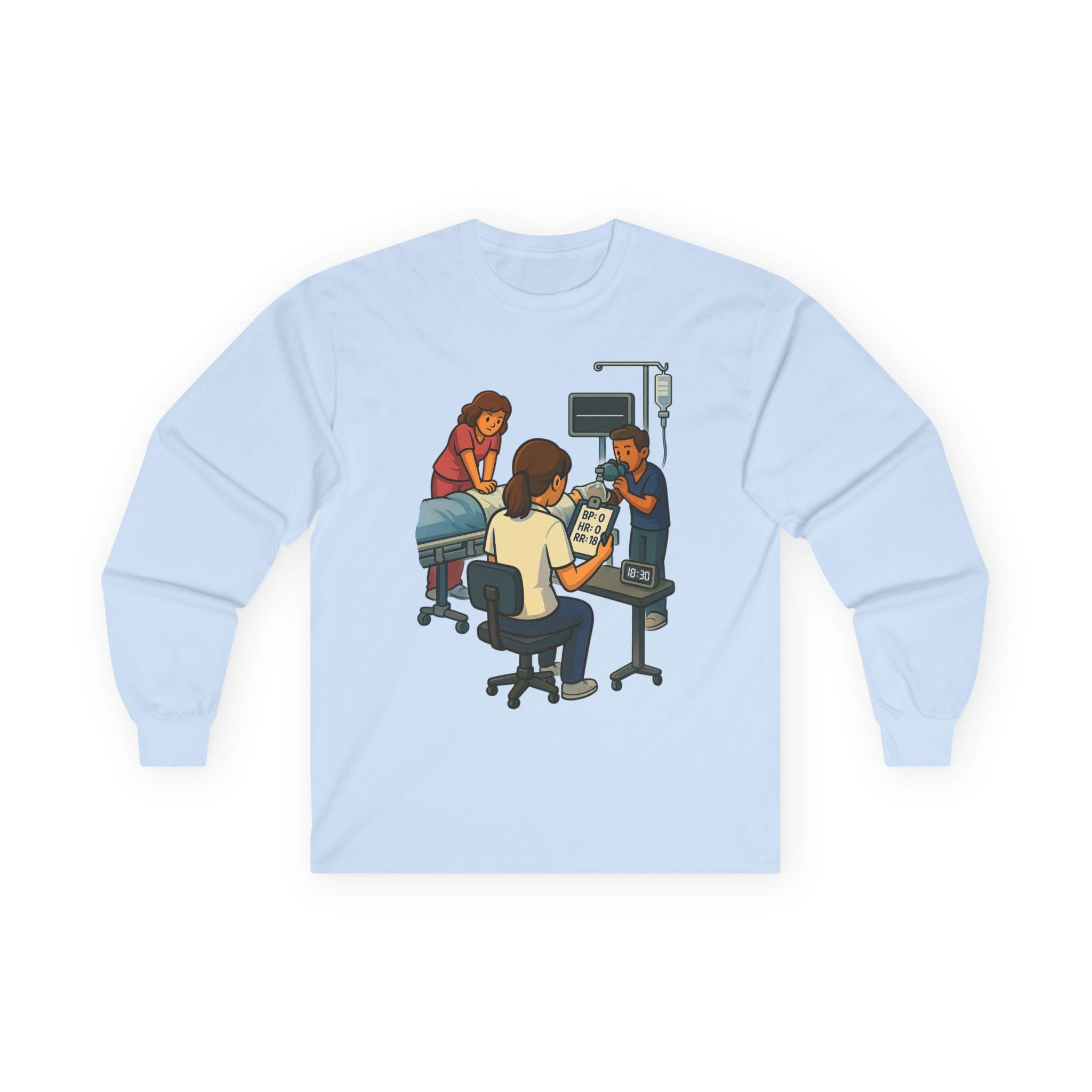 Code Blue Charting Long Sleeve Tee | Respiratory Nightmare Illustration