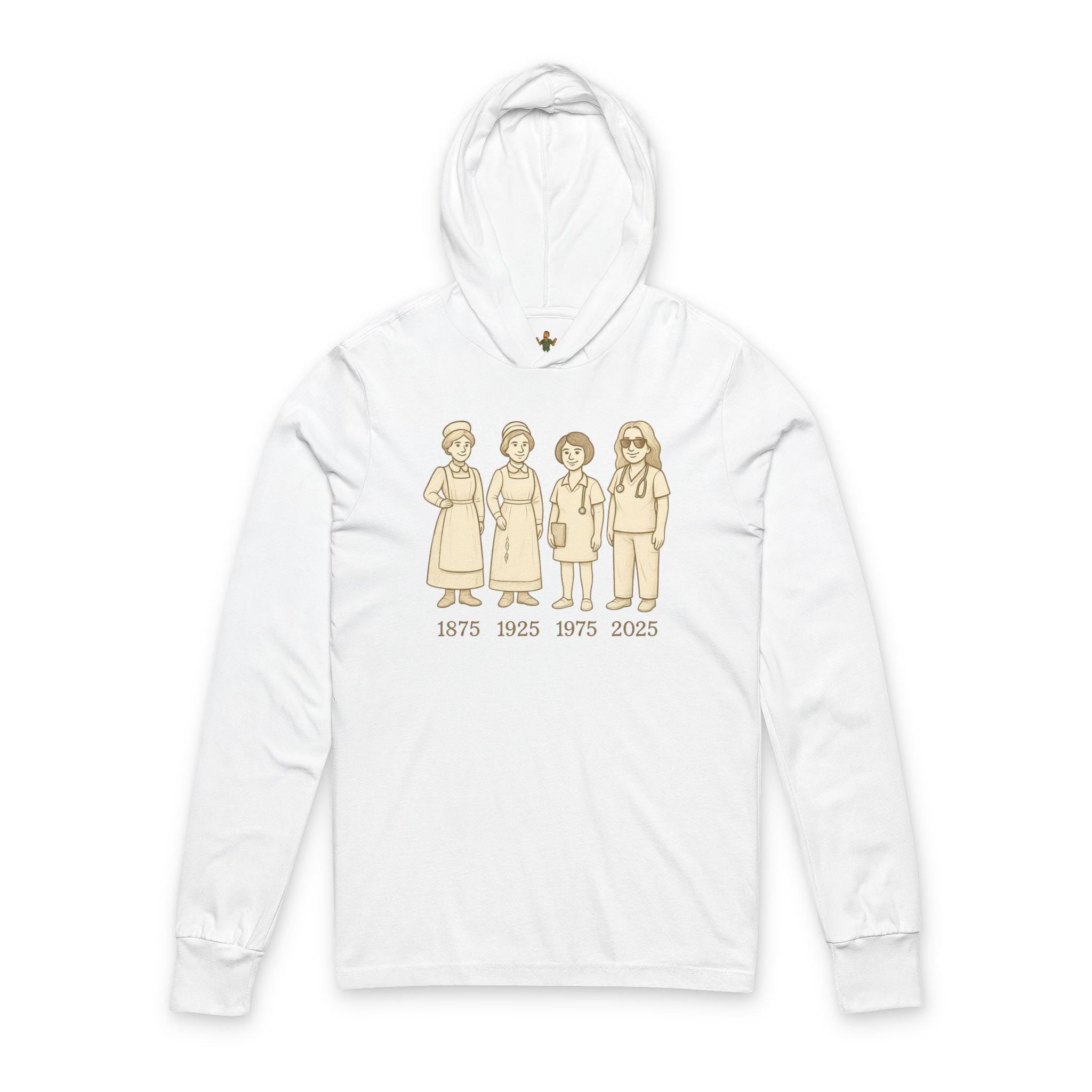 Nursing Scrubs Through Time Hoodie | 1875 1925 1975 2025 Long Sleeve