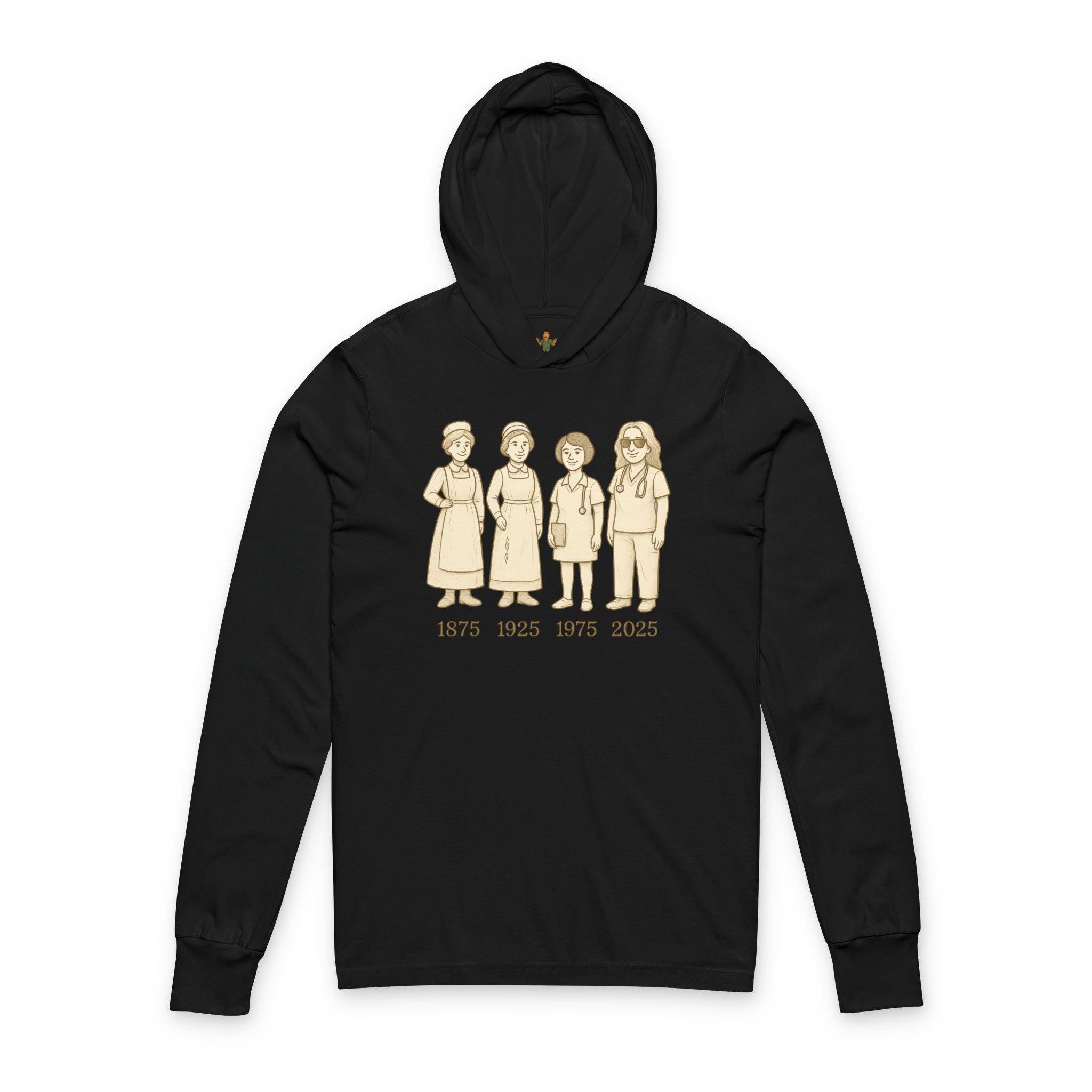 Nursing Scrubs Through Time Hoodie | 1875 1925 1975 2025 Long Sleeve